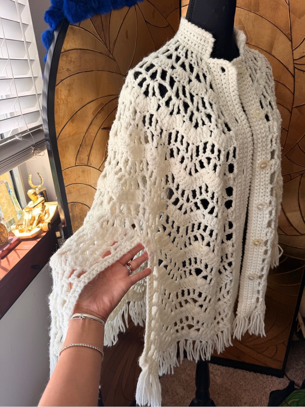Cream Open-Weave Fringe crochet Button-Front Women's Poncho Swim cover up - Picture 5 of 6
